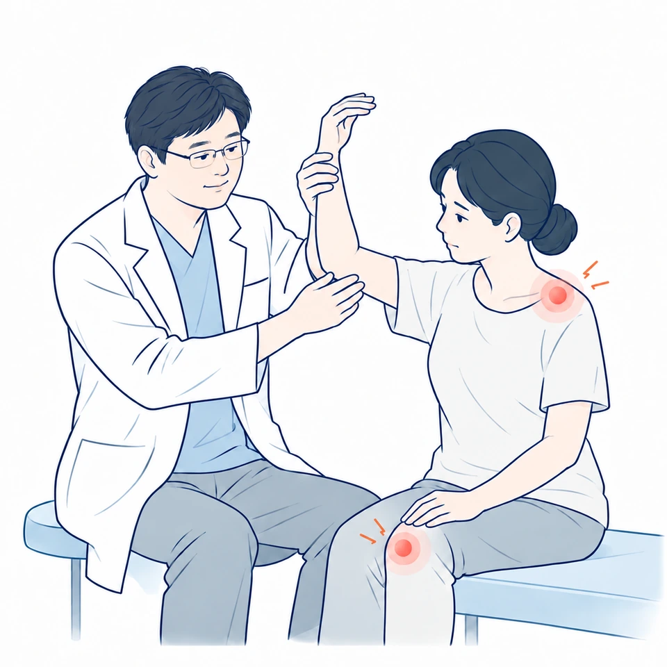 어깨 움직임과 무릎 불편을 확인하는 의사와 환자의 일러스트