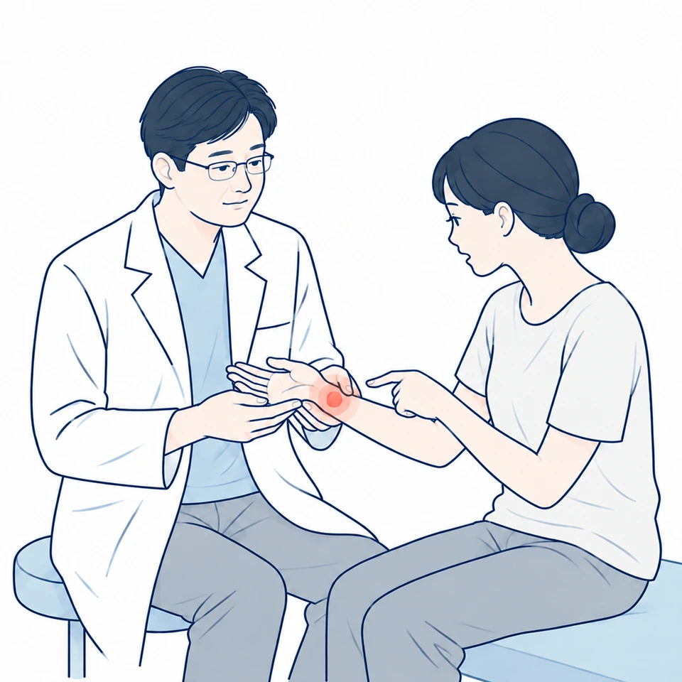 손과 손목의 불편한 부위를 확인하는 의사와 환자의 일러스트