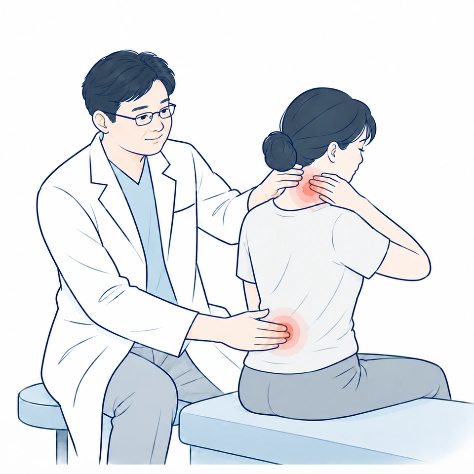 목과 허리의 불편한 부위를 확인하는 의사와 환자의 일러스트