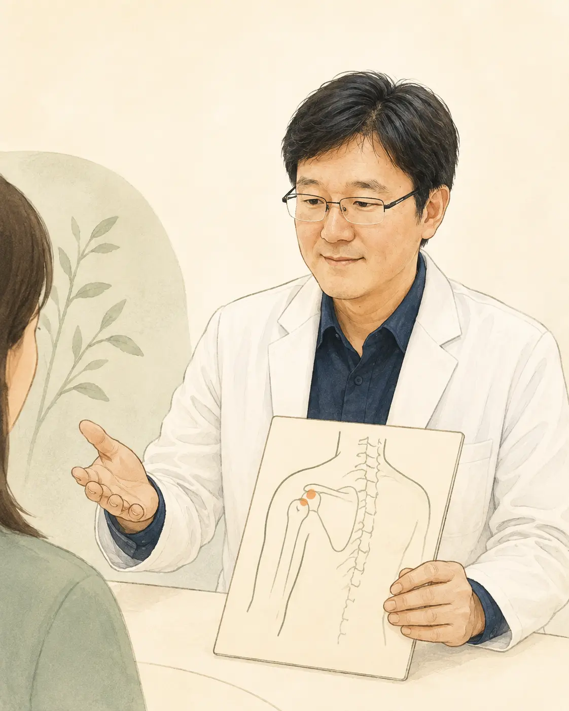 오현우 원장이 환자에게 통증 부위와 진료 방향을 설명하는 모습