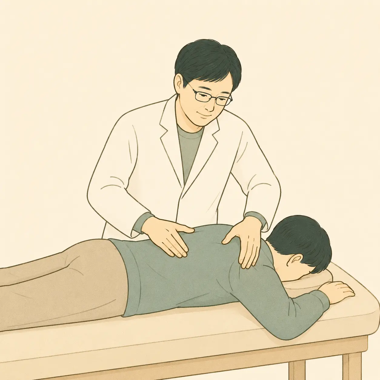 환자의 등과 어깨를 살피는 추나 치료 일러스트