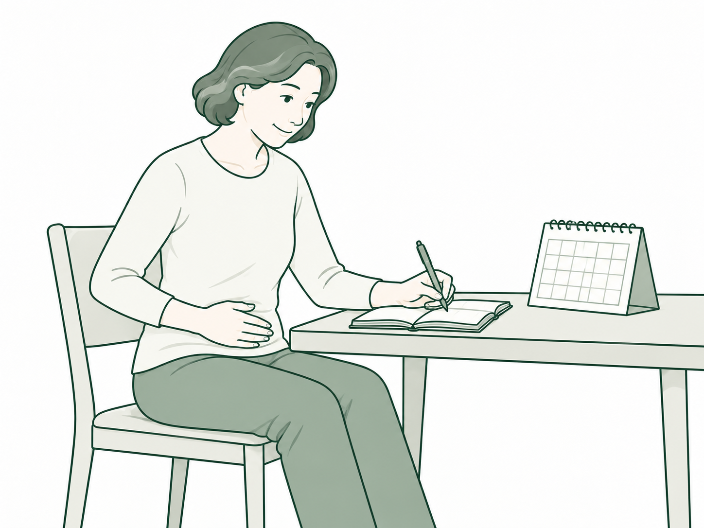 생리 주기와 몸의 변화를 달력과 수첩에 기록하는 여성의 일러스트