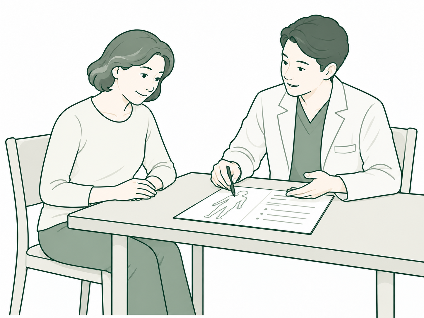 환자와 남성 의료진이 기록과 진료 계획을 함께 살펴보는 일러스트