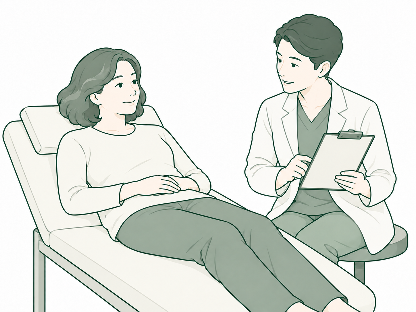 머리를 받치고 누운 환자에게 의료진이 개별 치료 계획을 설명하는 일러스트