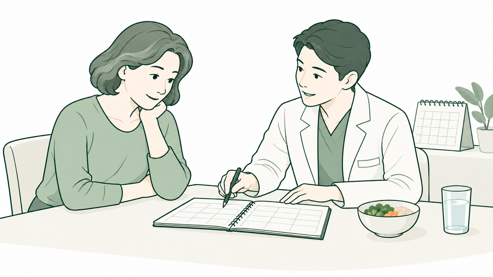 환자와 의료진이 식사 수첩을 함께 보며 생활에 맞는 식사 계획을 상담하는 일러스트