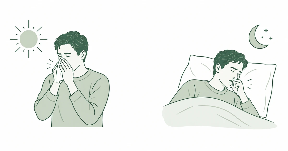 아침의 코 증상과 밤에 누워 기침하는 모습을 나누어 표현한 일러스트