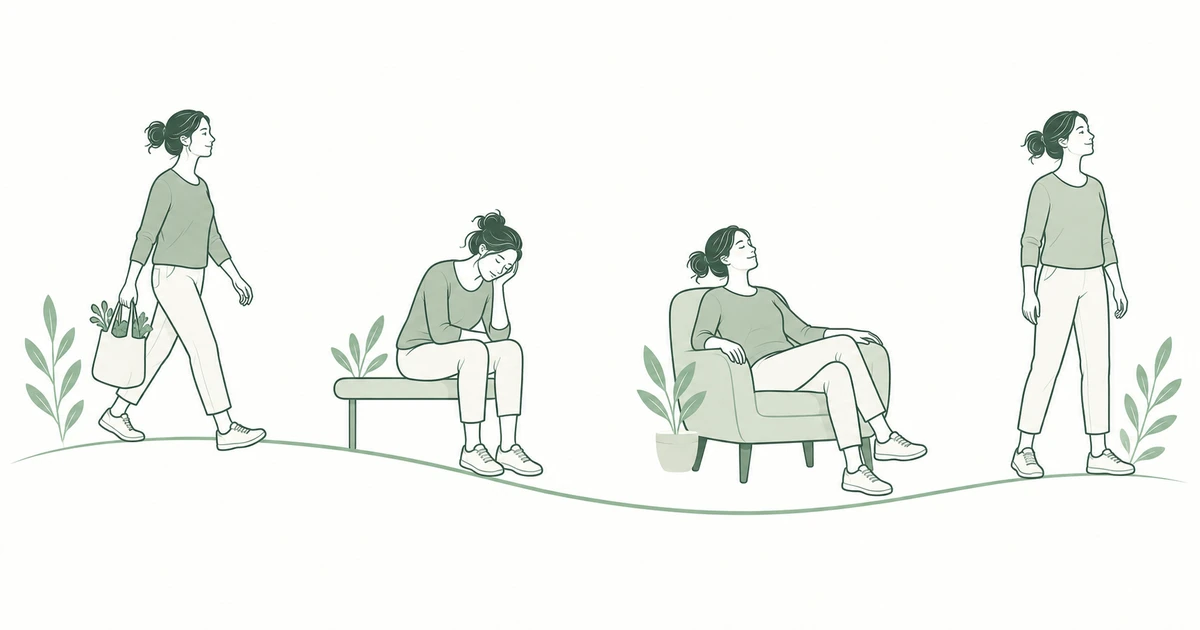 활동·피로·휴식·회복의 네 장면을 부드러운 선으로 연결한 일러스트